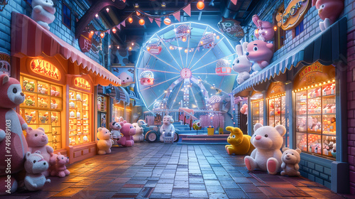 Fantasy Toy Storefront with Ferris Wheel and Plush Bears at Night