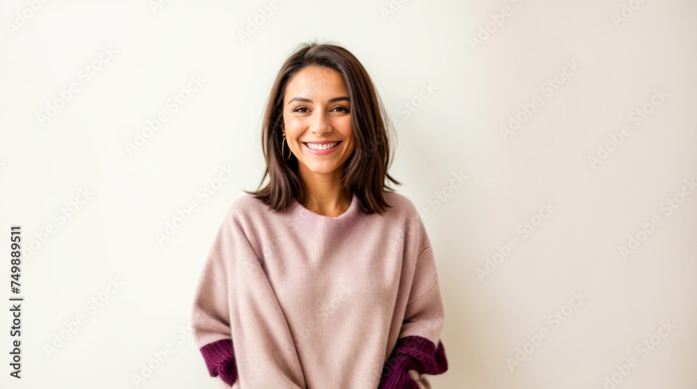 Lady in beige sweater radiating happiness against white background Lady in beige sweater radiating happiness against white background
