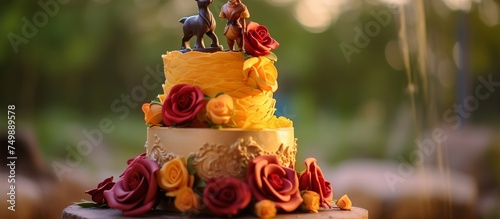 illustration of a children's birthday cake with the theme of the beauty and the beast cartoon series