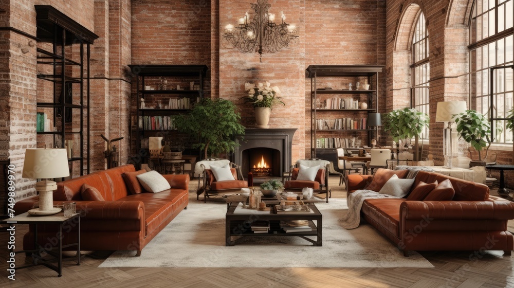 Spacious living room with high ceiling, brick columns and fireplace. Furnished with leather furniture.