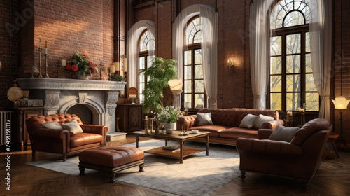 Spacious living room with high ceiling  brick columns and fireplace. Furnished with leather furniture.