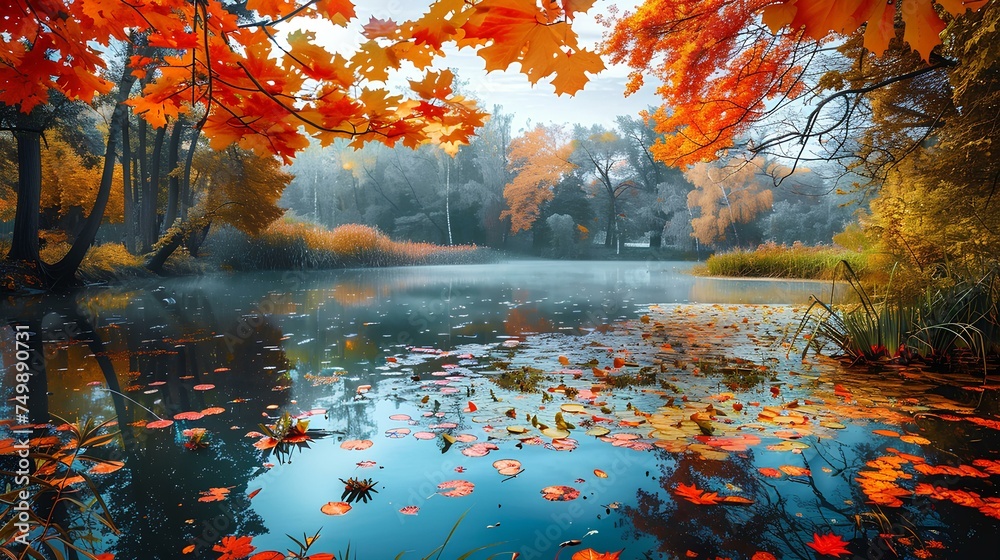 Autumn scenery with forests, rivers, and mountains reflecting vibrant green and colorful leaves, embracing the beauty of nature