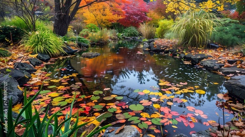 Autumn leaves scatter in forest, fish swim in aquarium by river, reflecting nature's beauty © Ubix