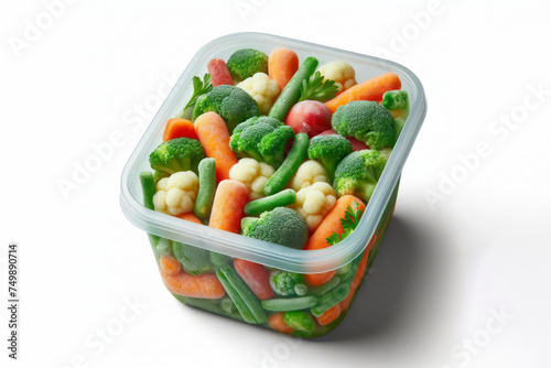 Frozen vegetables in a plastic container isolated on solid white background. ai generative