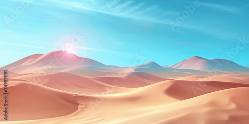 the sun in the desert, a brown sand dunes in the desert on blue sky background, appropriate for travel magazines, blog headers, website backgrounds, or desert themed contras designs.banner