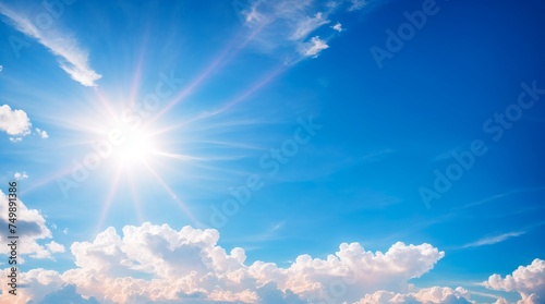 Luminous sun rays piercing through a partly cloudy azure sky 