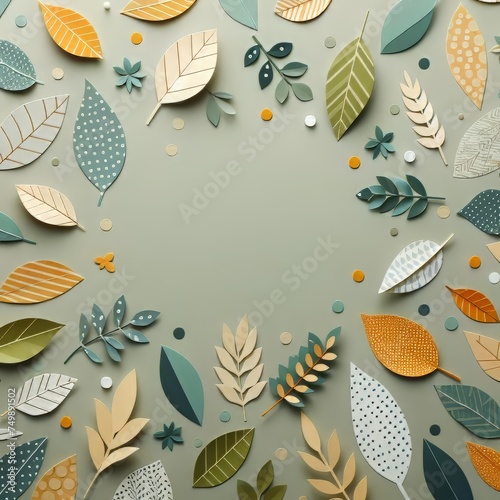 seamless background with leaves. A modern fabric design features a flat, earthy-toned pattern with leaves in various colors and outlines. The vintage-inspired, contemporary fabric. Generative AI