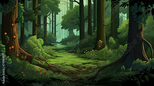 A vector illustration of a tranquil forest with wildlife.