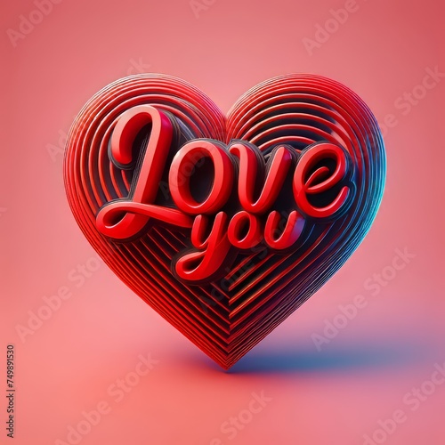 Pink, red glossy shiny heart shape isolated with love you text on grey minimalist background with reflection effect. Generative AI