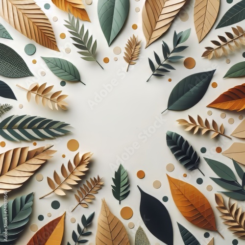 seamless background with leaves. A modern fabric design features a flat, earthy-toned pattern with leaves in various colors and outlines. The vintage-inspired, contemporary fabric. Generative AI