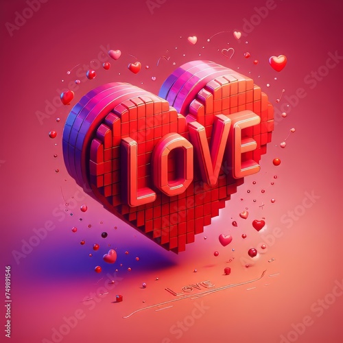  3D heart shape with pink cubes and hearts,  against a minimalist pink background. Generative AI