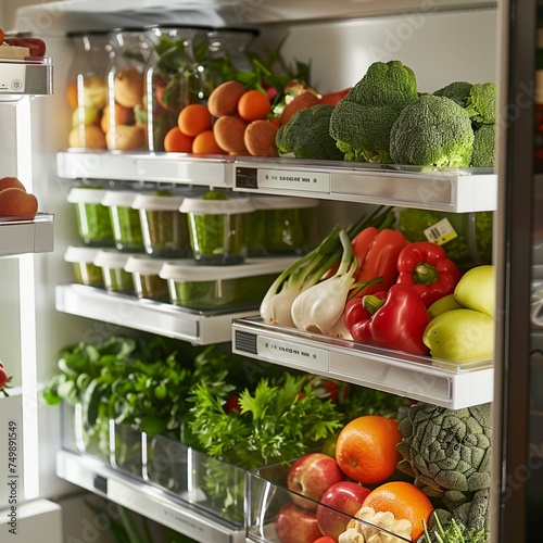 Showcase a watercolor smart fridge organizing fruit with AI precision
