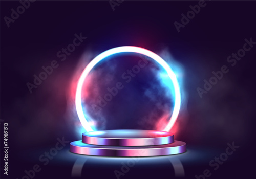 Round podium with neon lighting and smoke. Empty pedestal for award ceremony or presentation. Vector illustration.