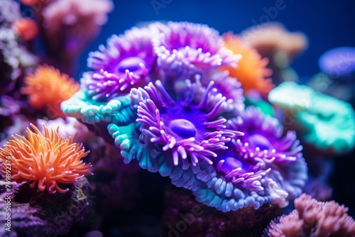 Underwater beautiful colorful dancing reef Anemone group coral tropical animal Anemonefish nature salt water fish tank aquarium. Ecology snorkel diving ecosystem environmental save planet sea ocean
