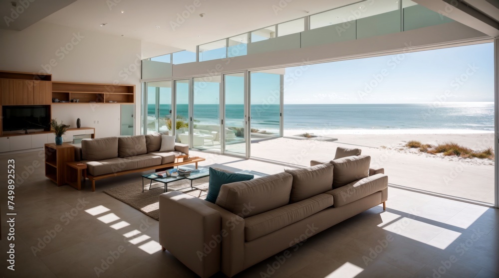 Minimalist coastal living room seamlessly opens to tranquil beach scene Minimalist coastal living room seamlessly opens to tranquil beach scene