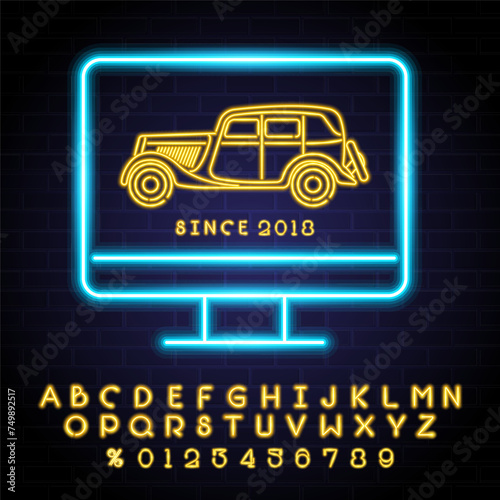 Retro car on computer screen with neon light