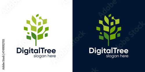 Abstract tree logo design template with digital pixel technology graphic design vector. Symbol, icon, creative.