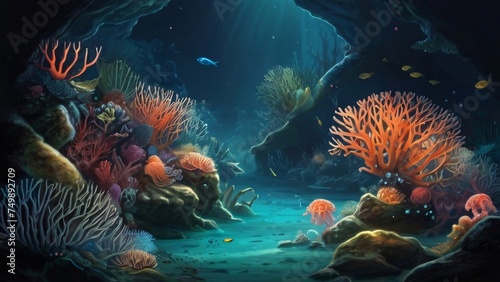 Underwater world with breathtaking colorful fish, corals and other beautiful underwater creatures, the moon shimmers through the water