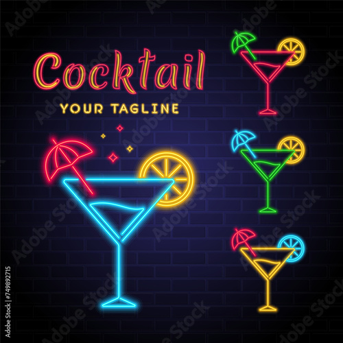 Cocktail glass with neon light glowing elements
