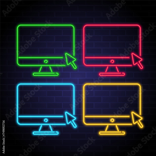 Computer screen icon with neon light elements