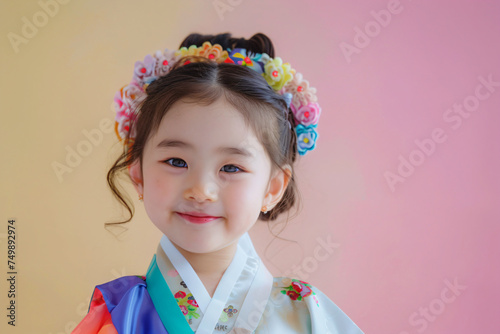 a little girl wearing a colorful dress and a flower crown
