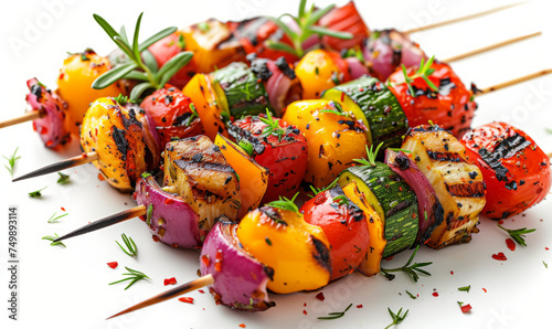 Close-up of colorful grilled vegetable skewers with zucchini, bell peppers, cherry tomatoes, and red onion, garnished with herbs and served on wooden skewers, showcasing their charred, vibrant appeara photo