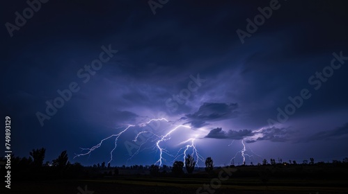 Lightning Strike in the dark sky over the city. Lightning storm over city in purple light