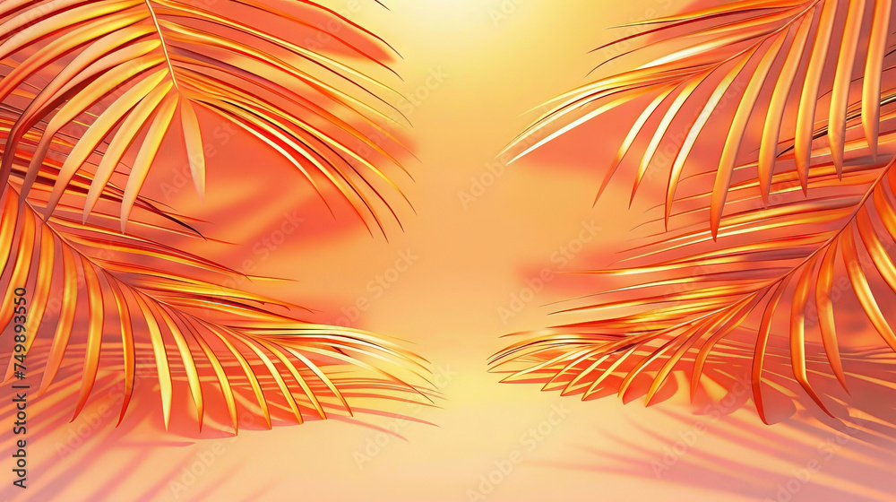 palm leaves on orange background, tropical leaves , empty space for text