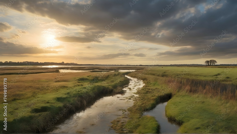 A misty morning in the heart of an Anglo-Saxon marshland, where the sun's rays struggle to break through the thick fog, revealing ancient ruins and forgotten secrets.