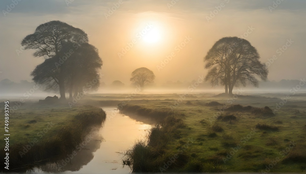 A misty morning in the heart of an Anglo-Saxon marshland, where the sun's rays struggle to break through the thick fog, revealing ancient ruins and forgotten secrets.