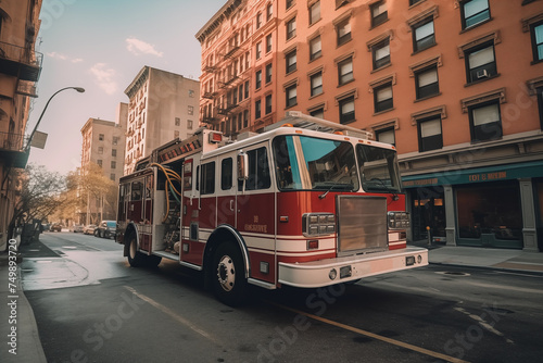Fire Truck in New york. Firefighters Rescue after Fire Alarm went off at building. Firemen at apartment fire. Accodent on Street in NYC, firefighters and extinguish fire, Ai Generative illustration.