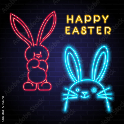 Happy easter bunny icon with neon element