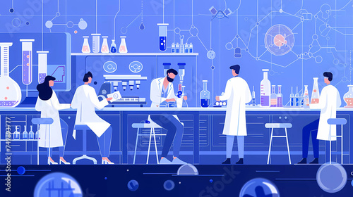Group of scientists doing research and experiment in lab with laboratory equipments .flat vector illustration.