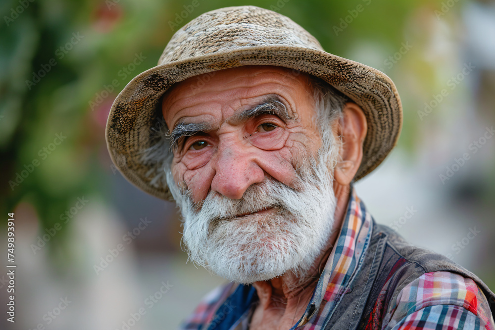 Fototapeta premium a man with a hat and vest looks at the camera