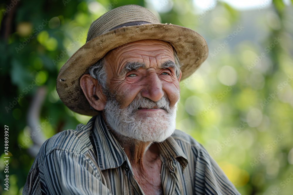 Fototapeta premium a man with a hat and a striped shirt