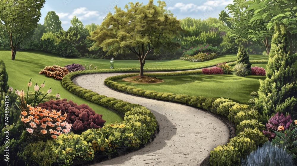 Obraz premium A serene garden pathway meanders through lush greenery and vibrant flowers, inviting a moment of tranquility and reflection.