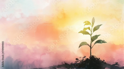 An illustration capturing the first light of dawn shining upon a young sapling, symbolizing new beginnings and growth.