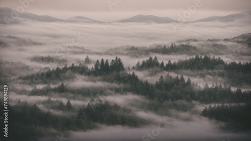Mysterious mist veiling misty forested hillside 