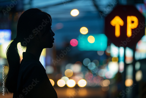 a woman standing in front of a stop sign