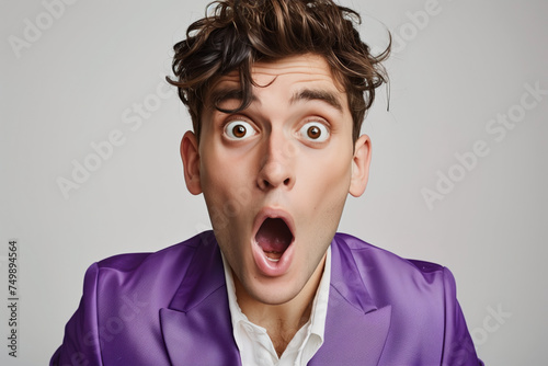 A man in a purple suit with his mouth wide open