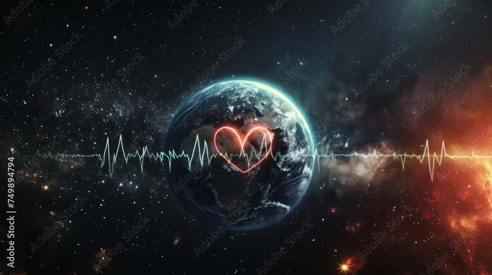 This artistic concept shows Earth with a heart rate graph, symbolizing the planet's vitality and the pulsing life it sustains, as we remember on Earth Day. - obrazy, fototapety, plakaty 