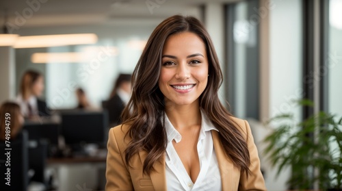 Office environment with a smiling woman in professional outfit 