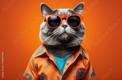 Cool fat cat with glasses and a Hawaiian shirt on an orange background, portrait