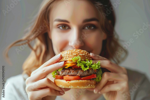 A woman is holding a hamburger in her hands and smiling