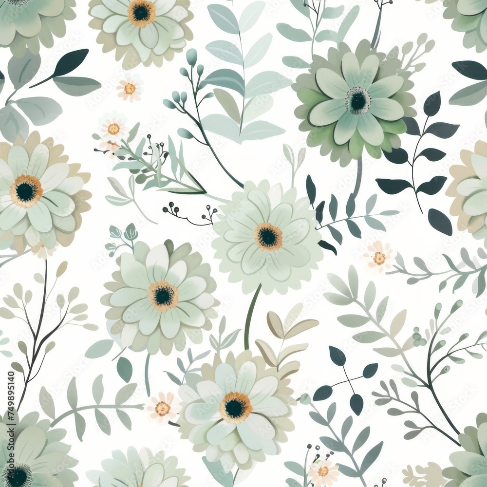 Obraz premium A seamless pattern adorned with pastel green flowers and foliage, invoking a sense of serenity and elegance, perfect for decor or fashion.