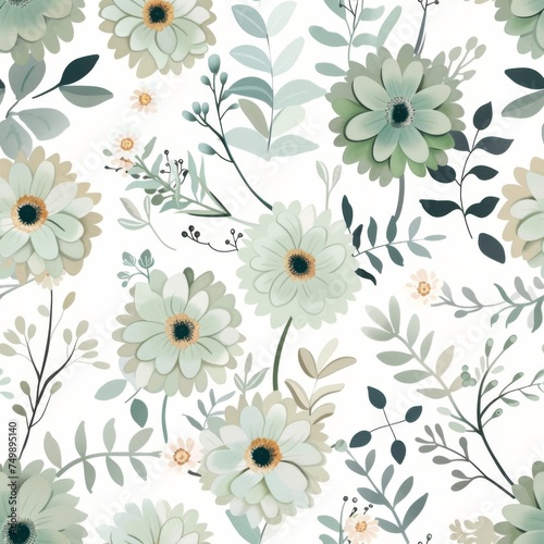 A seamless pattern adorned with pastel green flowers and foliage  invoking a sense of serenity and elegance  perfect for decor or fashion.