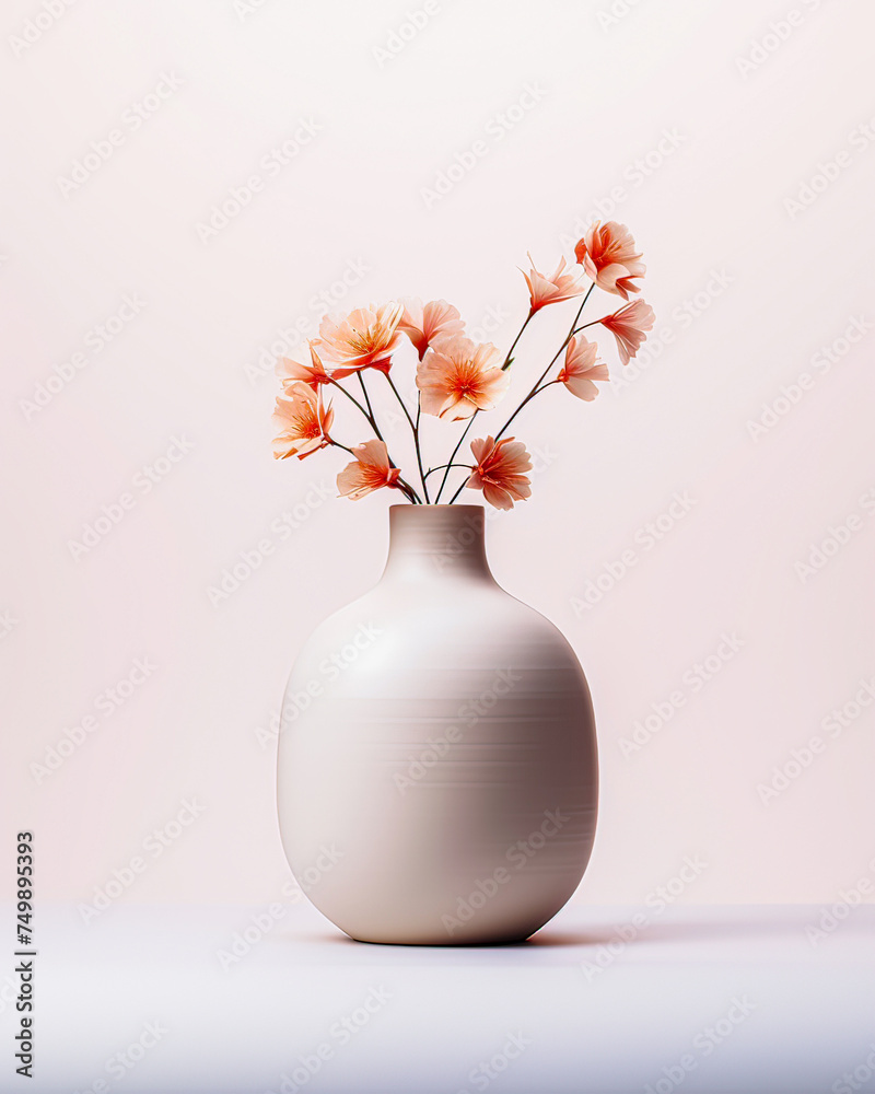 Soft salmon background, pastel vase, beautiful flowers, creating a vertical interior decor scene. Soft salmon background, pastel vase, beautiful flowers, creating a vertical interior decor scene.