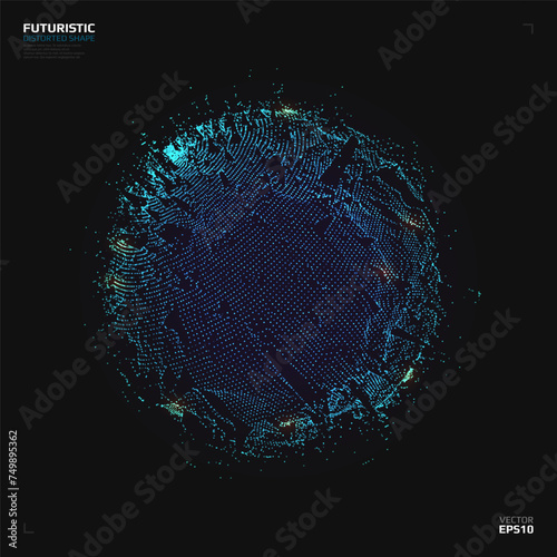Futuristic shape constructed with particles. Abstract distorted 3d form. Science concept. Vector illustration.