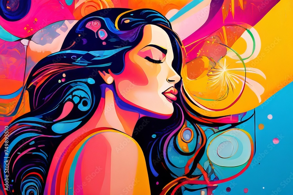 A wall art of colorful women meditation and being spiritual colored illustration vector art graffiti, fashion gilr saloon