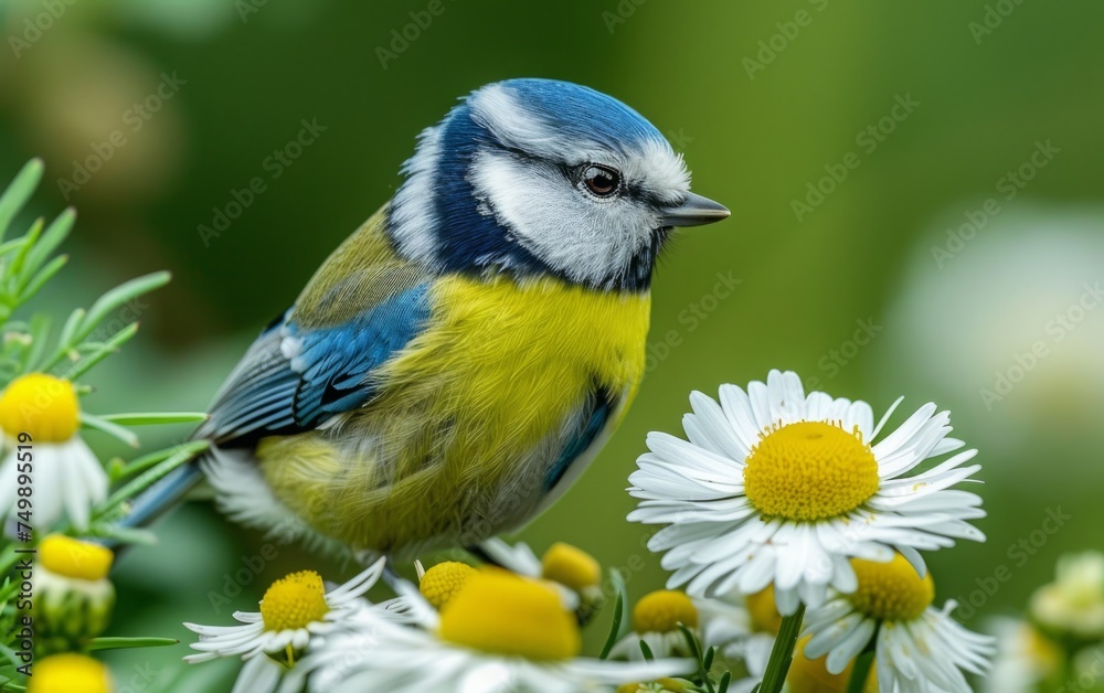 Blue Tit Resting Amidst White Daisies Blue Tit Resting Amidst White Daisies